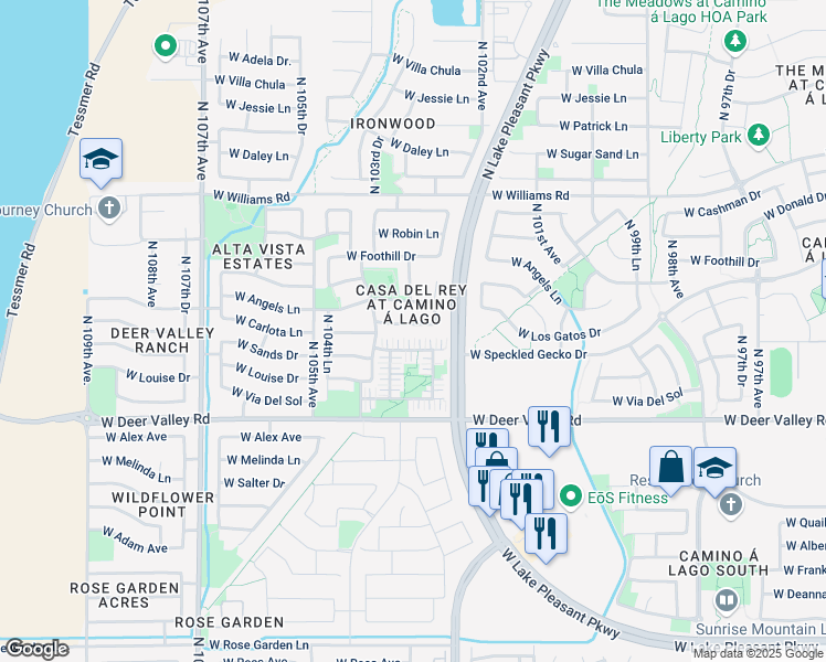map of restaurants, bars, coffee shops, grocery stores, and more near 10297 West Los Gatos Drive in Peoria