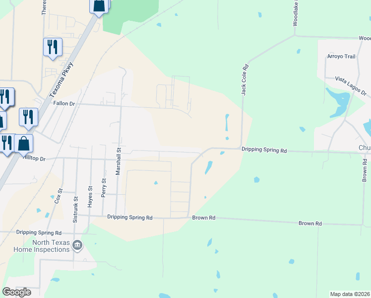 map of restaurants, bars, coffee shops, grocery stores, and more near 3404 Sweetwater Way in Denison