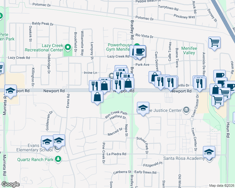 map of restaurants, bars, coffee shops, grocery stores, and more near 26875 Newport Road in Menifee