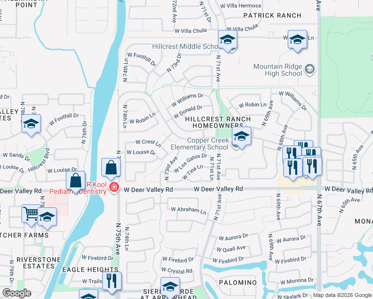 map of restaurants, bars, coffee shops, grocery stores, and more near 7229 West Crest Lane in Glendale