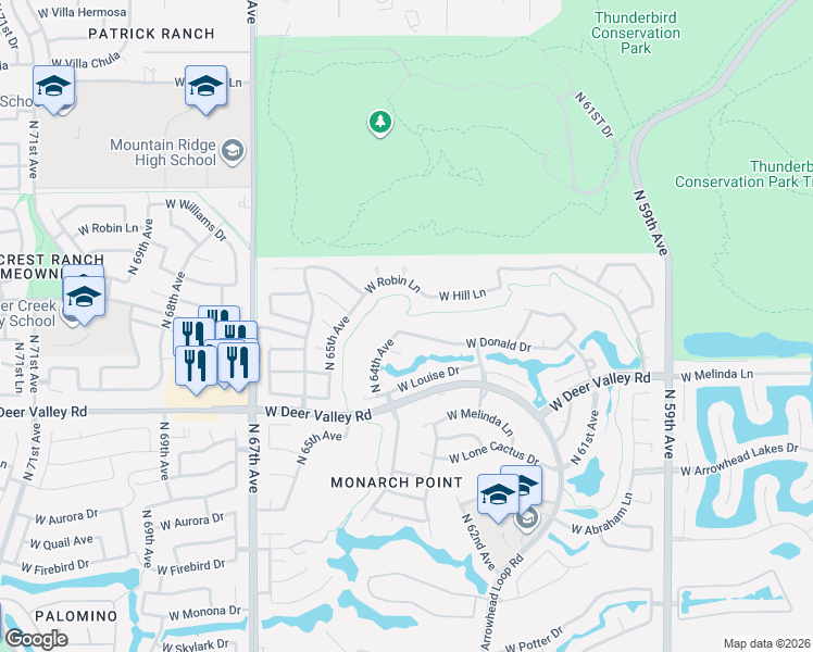 map of restaurants, bars, coffee shops, grocery stores, and more near 6380 West Via Montoya Drive in Glendale