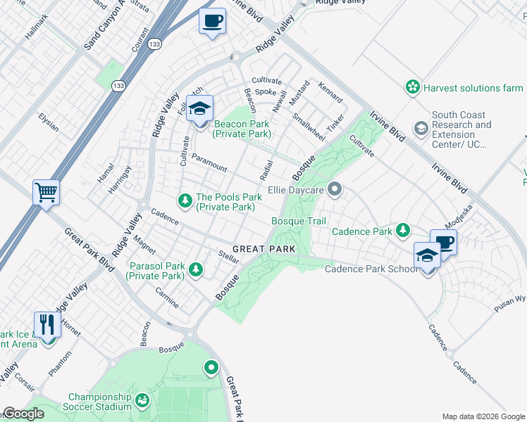 map of restaurants, bars, coffee shops, grocery stores, and more near 105 Calderon in Irvine