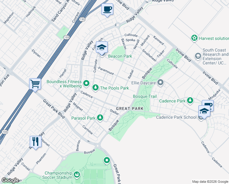 map of restaurants, bars, coffee shops, grocery stores, and more near 115 Nickel in Irvine