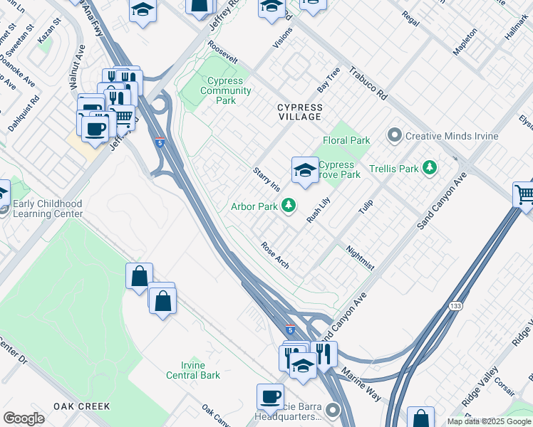 map of restaurants, bars, coffee shops, grocery stores, and more near 50 Emerald Clover in Irvine