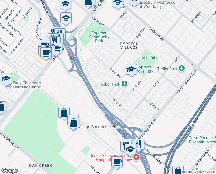 map of restaurants, bars, coffee shops, grocery stores, and more near 126 Painted Trellis in Irvine