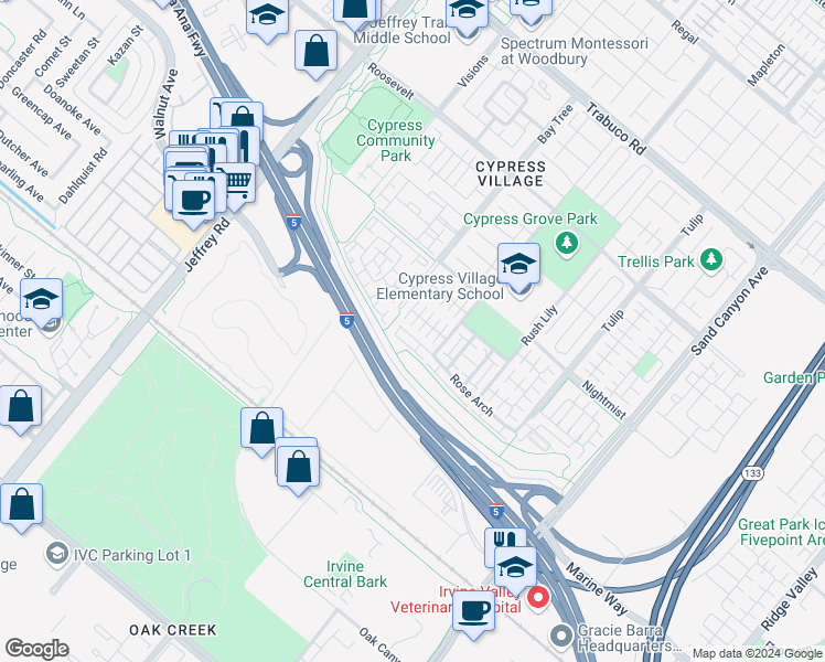 map of restaurants, bars, coffee shops, grocery stores, and more near 68 Rose Arch in Irvine