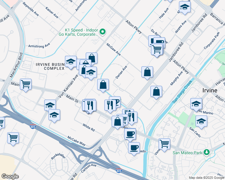 map of restaurants, bars, coffee shops, grocery stores, and more near 2710 Kelvin Avenue in Irvine