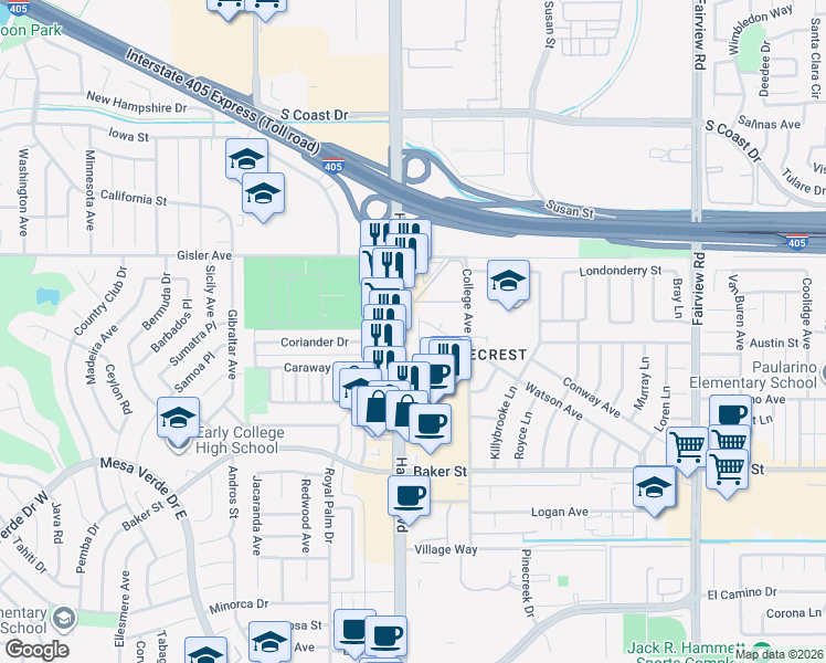 map of restaurants, bars, coffee shops, grocery stores, and more near 3131 Harbor Boulevard in Costa Mesa
