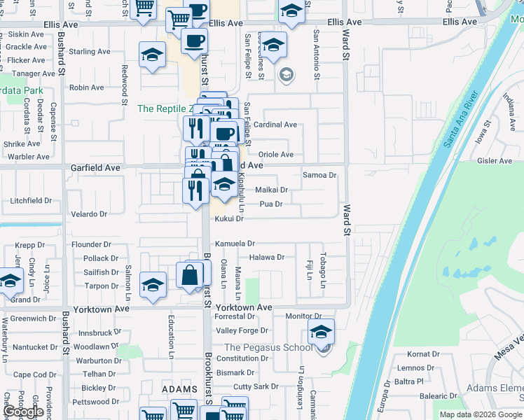 map of restaurants, bars, coffee shops, grocery stores, and more near 10172 Kukui Drive in Huntington Beach