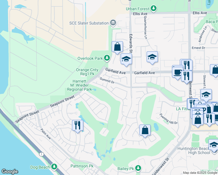 map of restaurants, bars, coffee shops, grocery stores, and more near 6292 Forester Drive in Huntington Beach