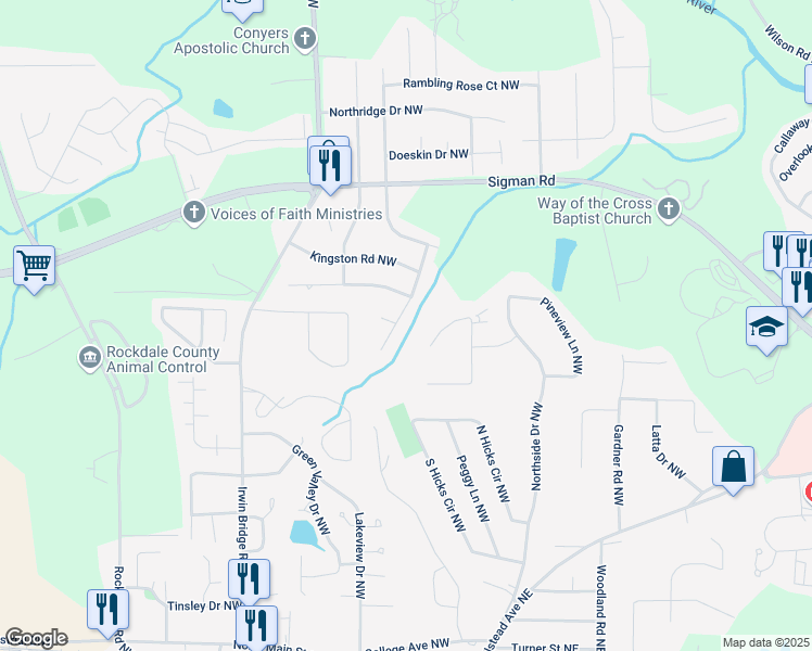 map of restaurants, bars, coffee shops, grocery stores, and more near 1526 Tanglewood Way Northwest in Conyers