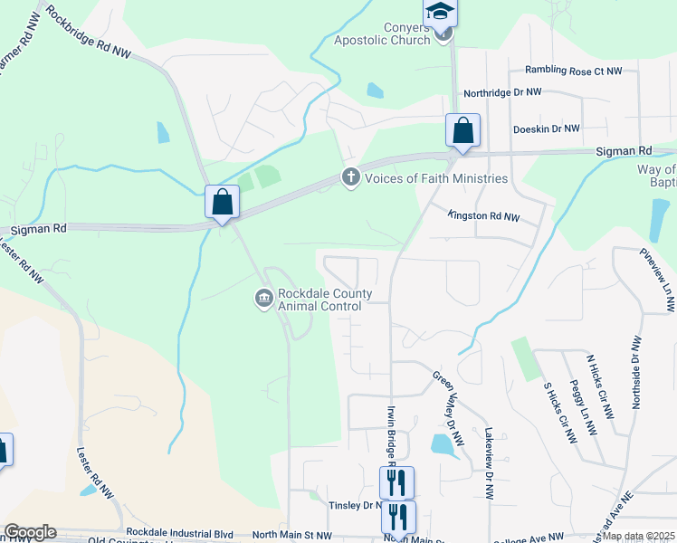 map of restaurants, bars, coffee shops, grocery stores, and more near 1175 Pinedale Circle Northwest in Conyers