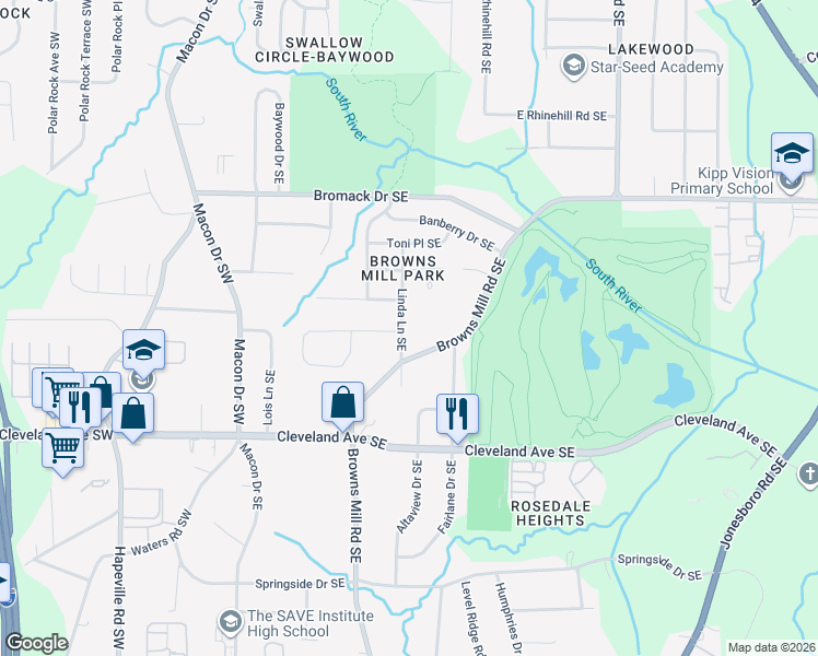 map of restaurants, bars, coffee shops, grocery stores, and more near 2561 Linda Lane Southeast in Atlanta