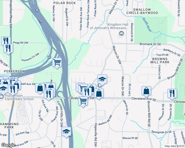 map of restaurants, bars, coffee shops, grocery stores, and more near 190 Judy Lane Southwest in Atlanta