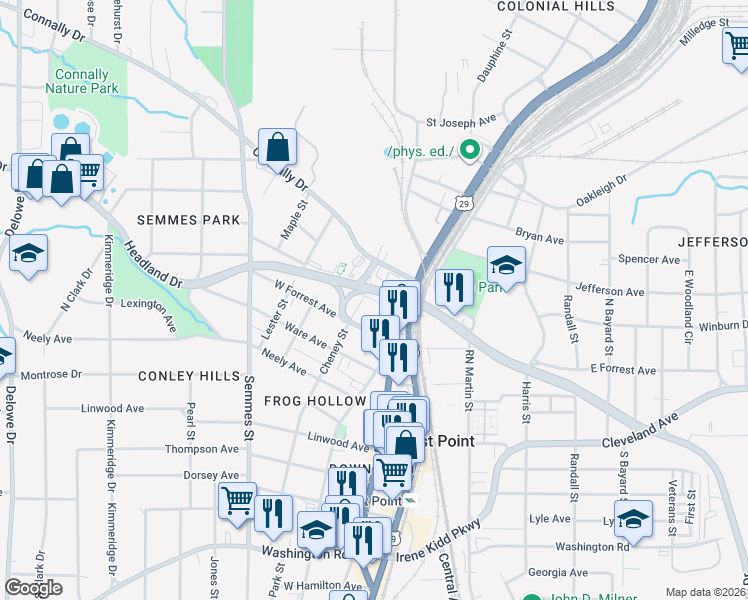 map of restaurants, bars, coffee shops, grocery stores, and more near 2587 Cheney Street in East Point