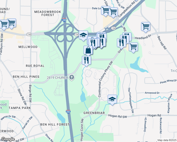 map of restaurants, bars, coffee shops, grocery stores, and more near 3260 Verdant Drive Southwest in Atlanta