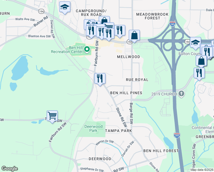 map of restaurants, bars, coffee shops, grocery stores, and more near 3801 Stone Road Southwest in Atlanta