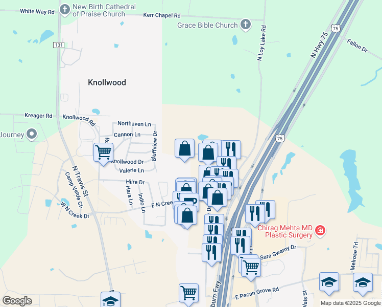 map of restaurants, bars, coffee shops, grocery stores, and more near 610 Graham Drive in Sherman