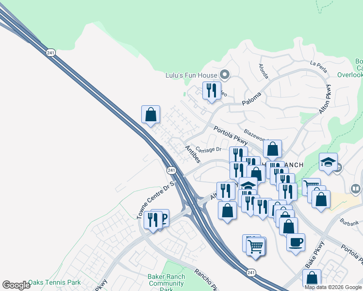 map of restaurants, bars, coffee shops, grocery stores, and more near 18 Rue Brittany in Lake Forest
