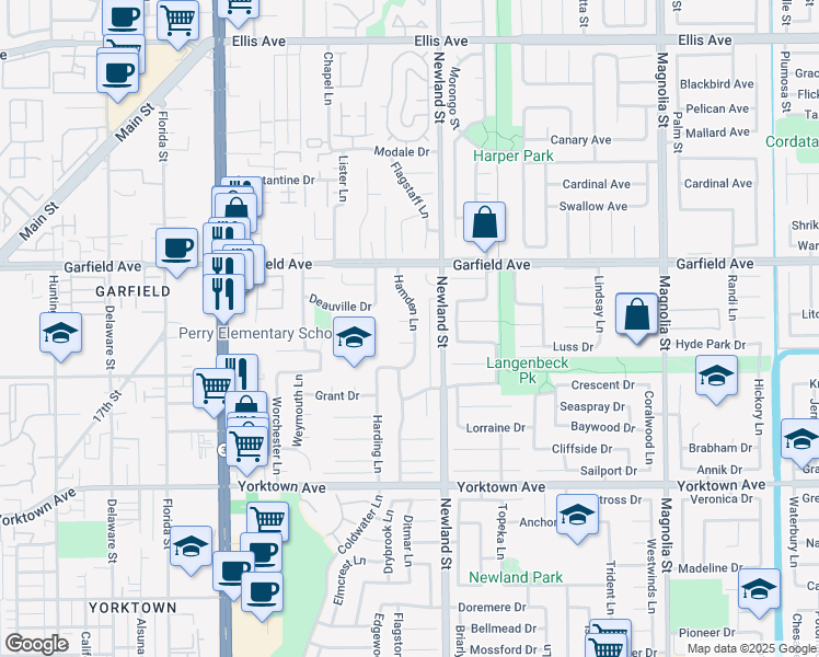 map of restaurants, bars, coffee shops, grocery stores, and more near 8402 Daren Circle in Huntington Beach