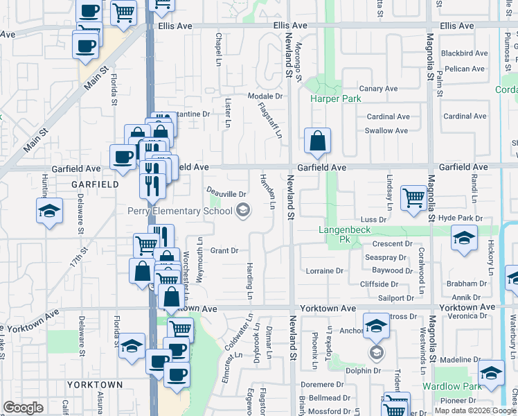 map of restaurants, bars, coffee shops, grocery stores, and more near 8362 Enfield Circle in Huntington Beach