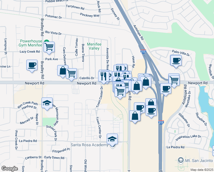 map of restaurants, bars, coffee shops, grocery stores, and more near 27559 Newport Road in Menifee