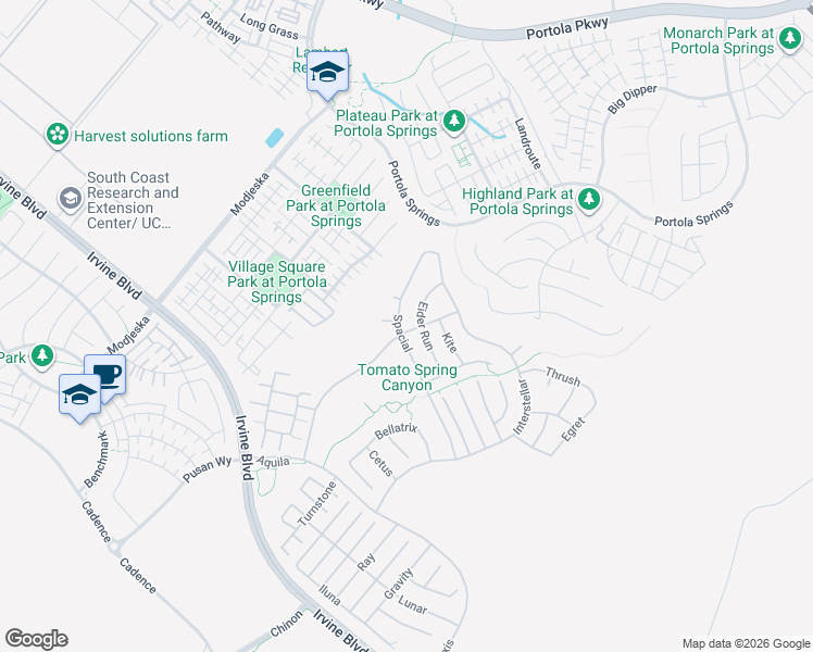 map of restaurants, bars, coffee shops, grocery stores, and more near 93 Spacial in Irvine