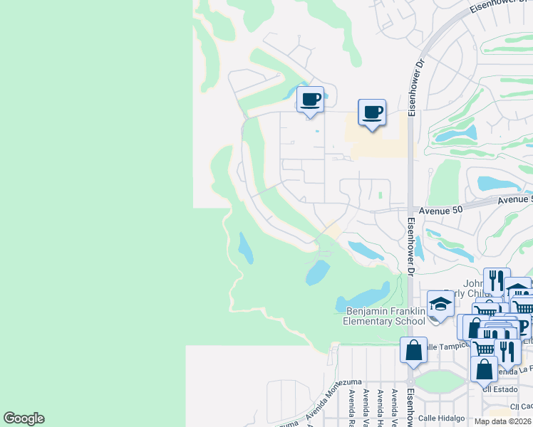 map of restaurants, bars, coffee shops, grocery stores, and more near 77136 Vía Huerta in La Quinta