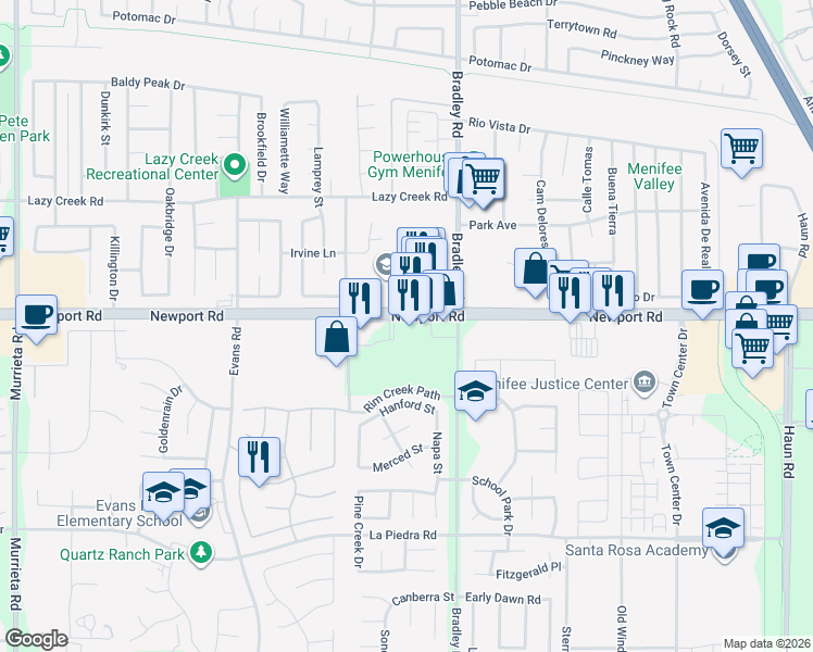 map of restaurants, bars, coffee shops, grocery stores, and more near 26875 Newport Road in Menifee