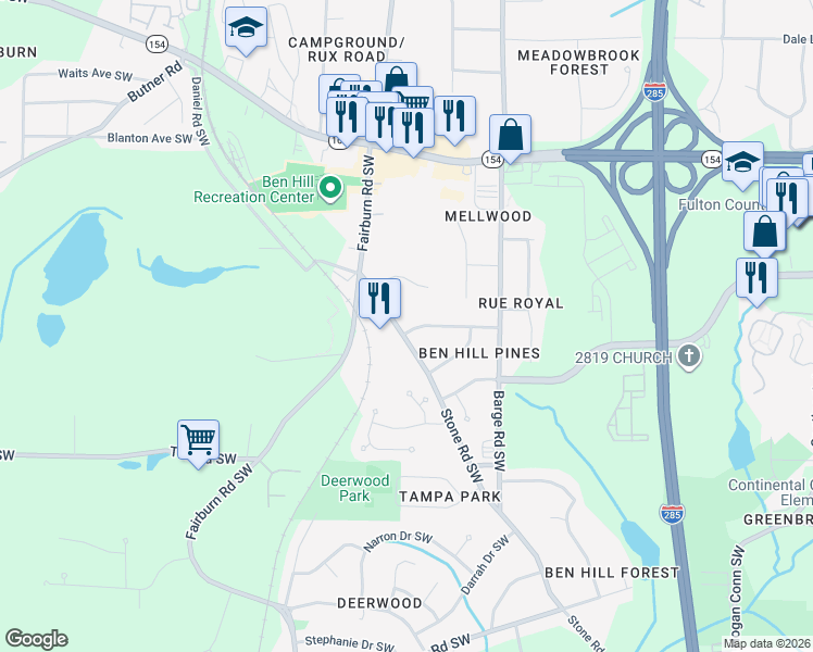 map of restaurants, bars, coffee shops, grocery stores, and more near 3801 Stone Road Southwest in Atlanta