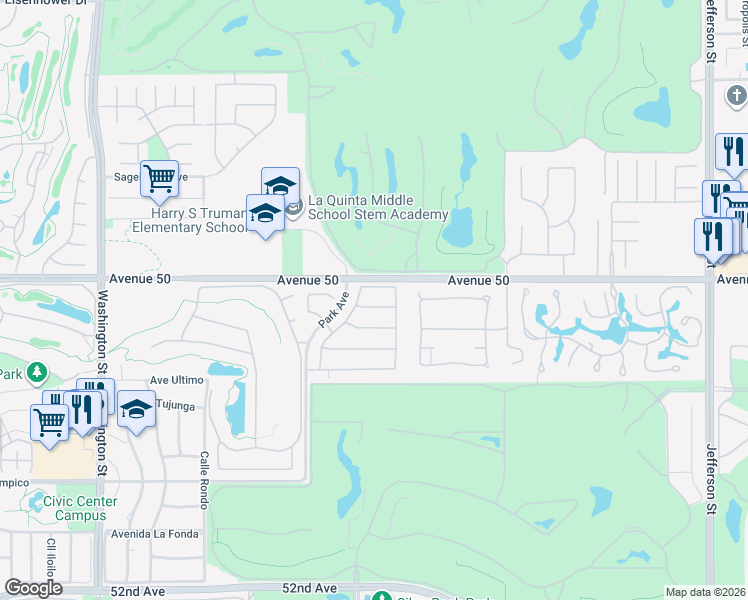 map of restaurants, bars, coffee shops, grocery stores, and more near 79160 Fox Run in La Quinta