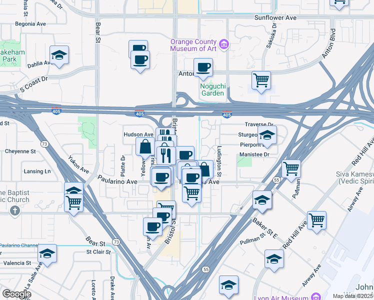 map of restaurants, bars, coffee shops, grocery stores, and more near 3070 Bristol Street in Costa Mesa