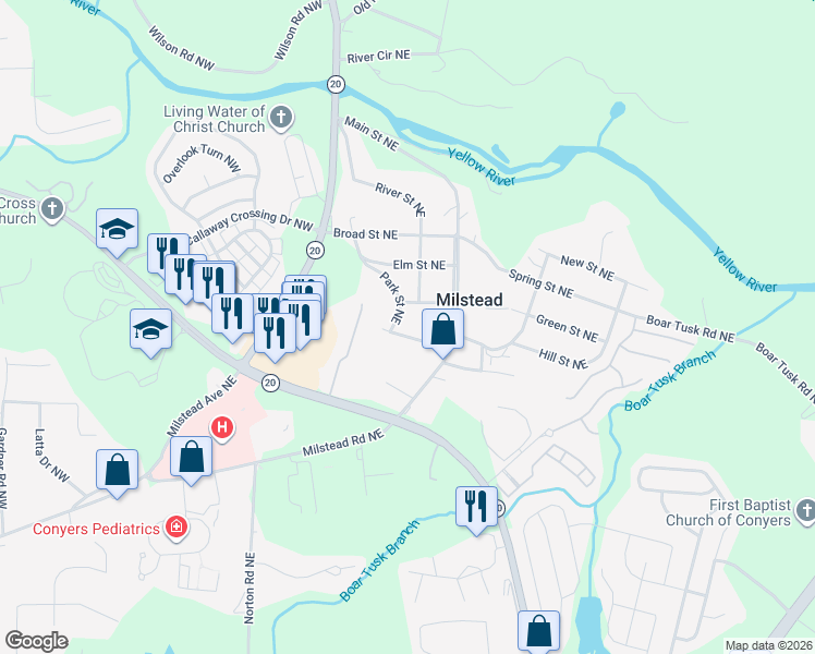 map of restaurants, bars, coffee shops, grocery stores, and more near 1589 Park Street in Conyers