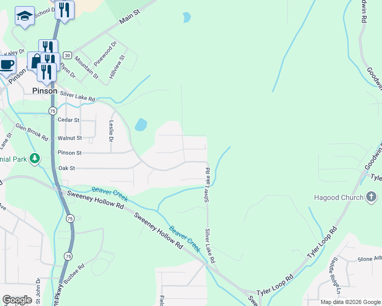 map of restaurants, bars, coffee shops, grocery stores, and more near 4480 Silver Lake Road in Pinson