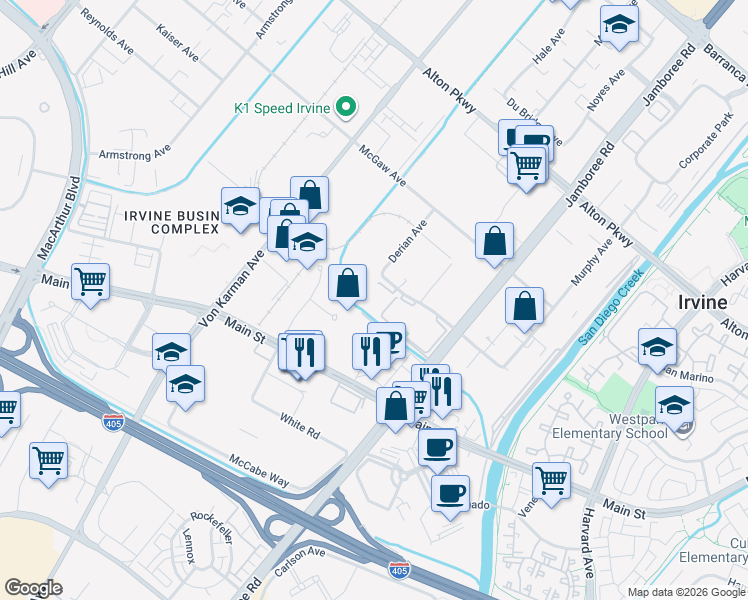 map of restaurants, bars, coffee shops, grocery stores, and more near 2552 Kelvin Avenue in Irvine