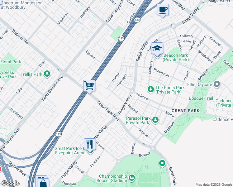 map of restaurants, bars, coffee shops, grocery stores, and more near 151 Magnet in Irvine