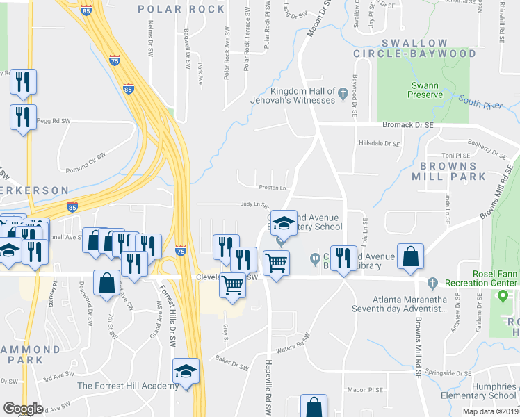 map of restaurants, bars, coffee shops, grocery stores, and more near 190 Judy Lane Southwest in Atlanta