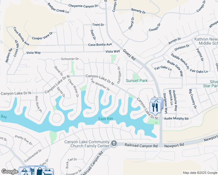 map of restaurants, bars, coffee shops, grocery stores, and more near 30081 Boat Haven Drive in Canyon Lake