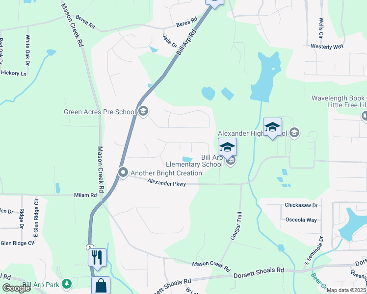 map of restaurants, bars, coffee shops, grocery stores, and more near 6791 Oakland Drive in Douglasville