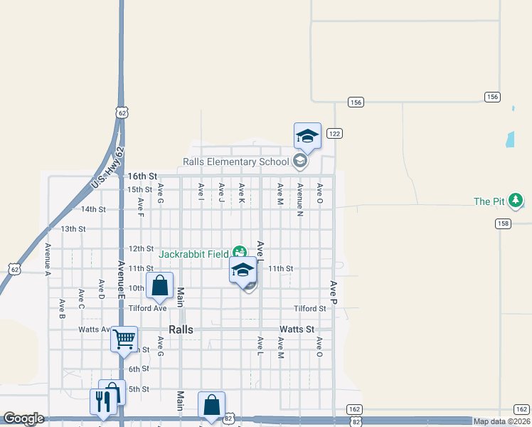 map of restaurants, bars, coffee shops, grocery stores, and more near 13th Street in Ralls