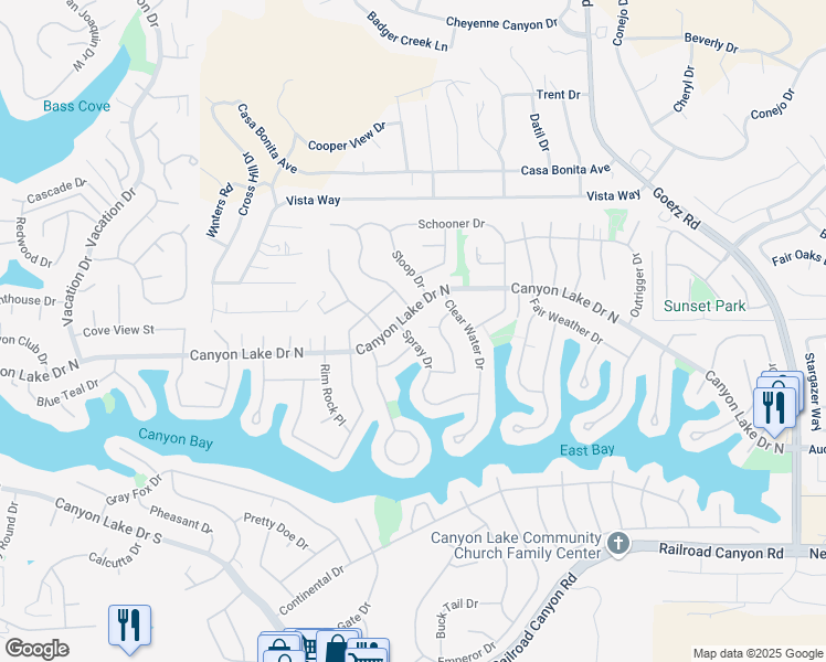 map of restaurants, bars, coffee shops, grocery stores, and more near 30030 Spray Drive in Canyon Lake