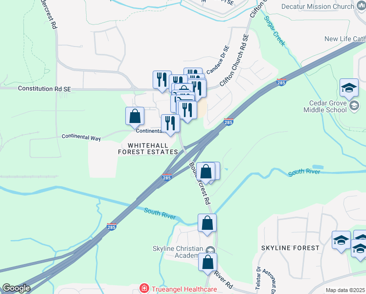 map of restaurants, bars, coffee shops, grocery stores, and more near Bouldercrest Rd SE & Whitehall Forest Ct SE in Atlanta
