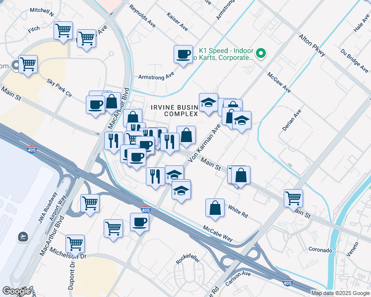 map of restaurants, bars, coffee shops, grocery stores, and more near 17885 Von Karman Avenue in Irvine