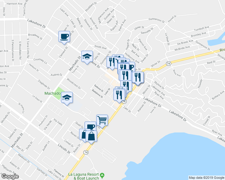 map of restaurants, bars, coffee shops, grocery stores, and more near 35015 Estancia Street in Lake Elsinore