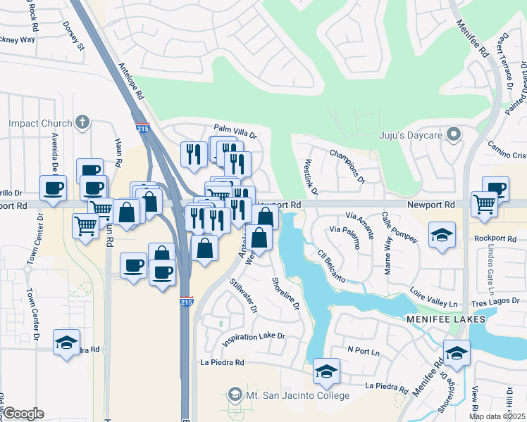 map of restaurants, bars, coffee shops, grocery stores, and more near 30013 Westlake Drive in Menifee