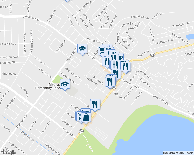 map of restaurants, bars, coffee shops, grocery stores, and more near 33004 Seville Street in Lake Elsinore
