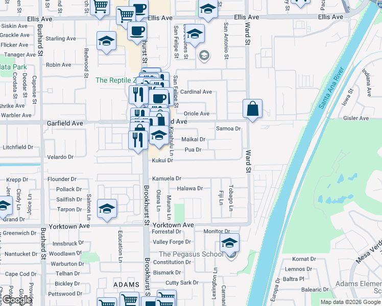 map of restaurants, bars, coffee shops, grocery stores, and more near 10212 Pua Drive in Huntington Beach