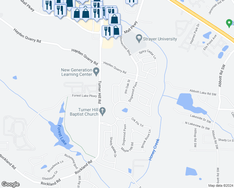 map of restaurants, bars, coffee shops, grocery stores, and more near 3863 Paper Birch Lane in Lithonia