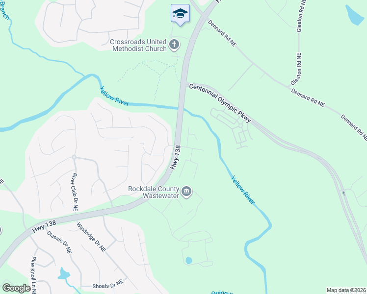 map of restaurants, bars, coffee shops, grocery stores, and more near 1607 Riverside Trail Northeast in Conyers