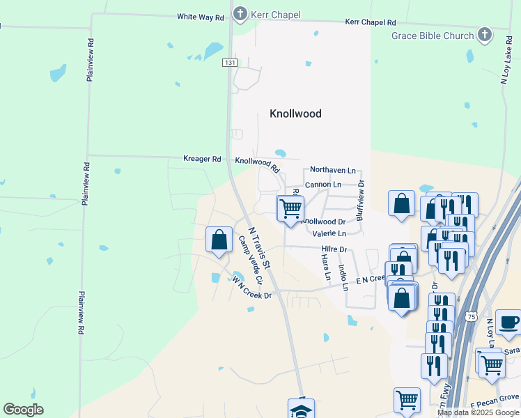map of restaurants, bars, coffee shops, grocery stores, and more near 5111 North Travis Street in Sherman